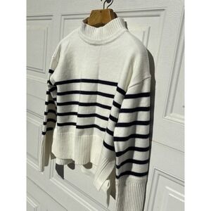 Grace & Karma Oversized Mock Neck Sweater Womens M Navy Blue And White Stripe